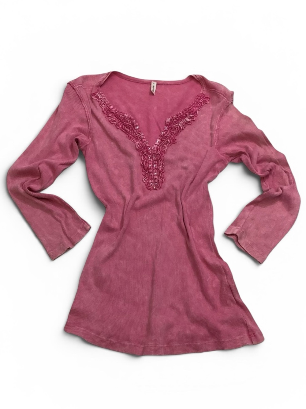 Y2K Taryn Taylor Ribbed Pink Stone Washed  Embellished V-Neck Top